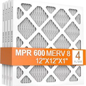 Anycore 12x12x1 AC Furnace Air Filter, MPR 600, MERV 8 Pleated HVAC Filter, 4 Pk